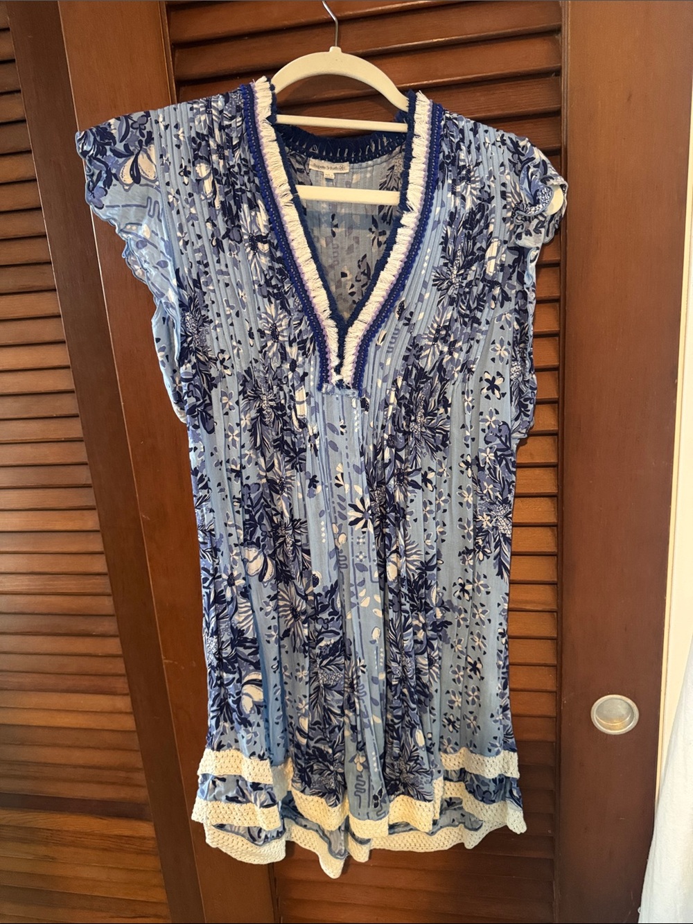 Poupette St. Barth Blue Floral Mini Dress with White Trim